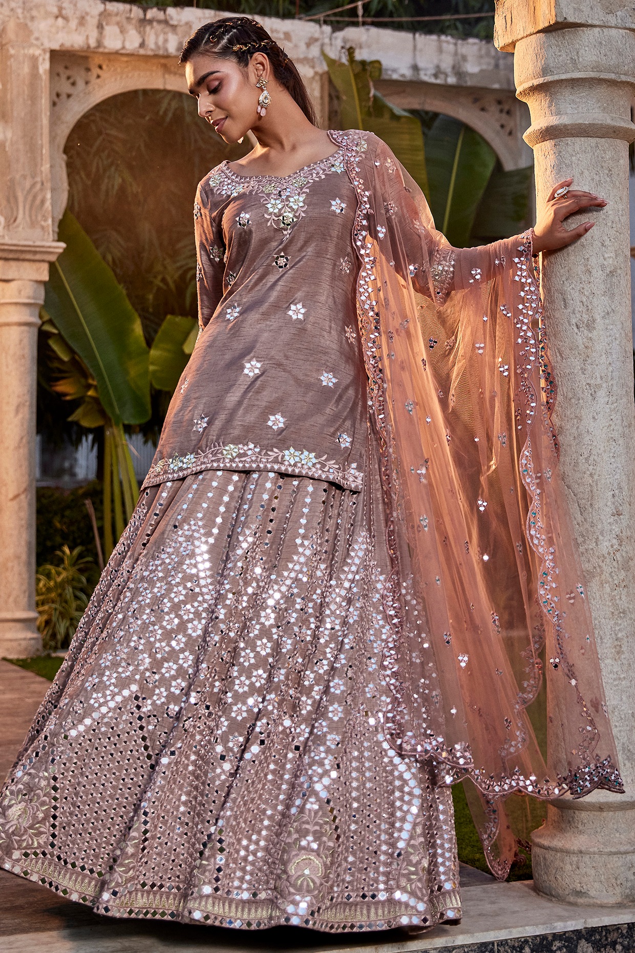 Coffee Dupion Crepe Embroidered Lehenga Set Design by Mehak