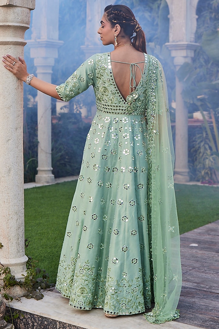 Sea Green Dupion Crepe Embroidered Wedding Anarkali Set by Mehak Murpana at Pernia's Pop Up Shop