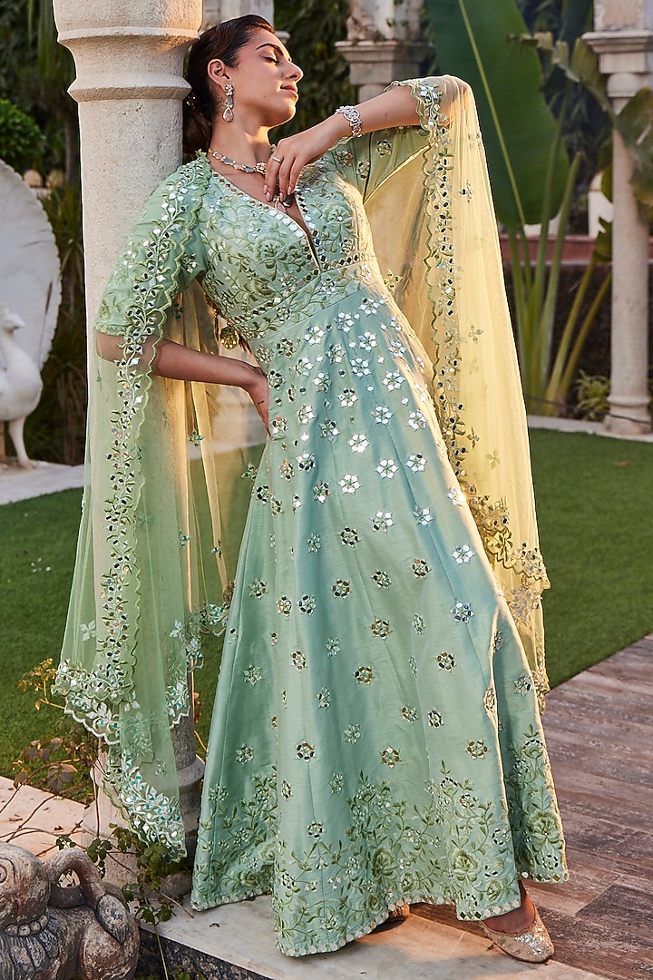 Sea Green Dupion Crepe Embroidered Wedding Anarkali Set by Mehak Murpana at Pernia's Pop Up Shop