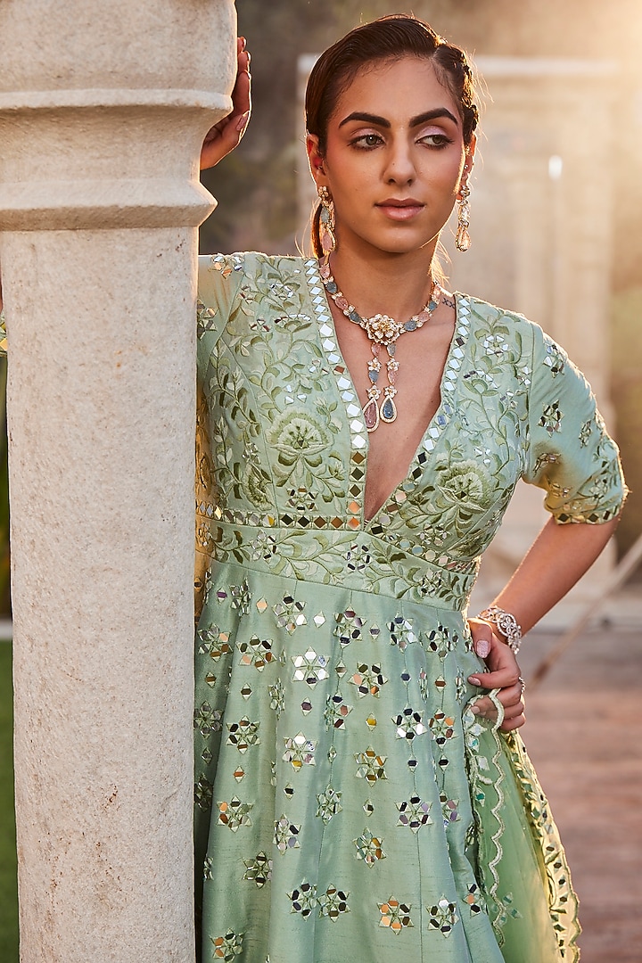 Sea Green Dupion Crepe Embroidered Wedding Anarkali Set by Mehak Murpana at Pernia's Pop Up Shop