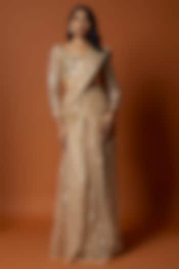 Gold Net Embroidered Pre-Draped Wedding Saree Set by Mehak Murpana at Pernia's Pop Up Shop