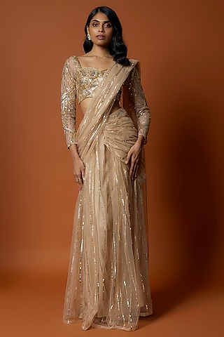 Gold Net Embroidered Pre-Draped Saree Set by Mehak Murpana