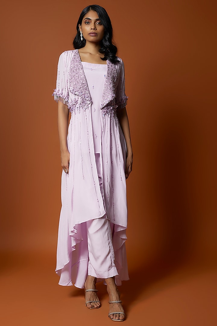 Lilac Crepe Embroidered Jacket Set by Mehak Murpana