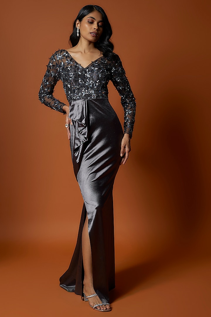 Steel Grey Stretch Satin & Net Floral Hand Embroidered Gown by Mehak Murpana