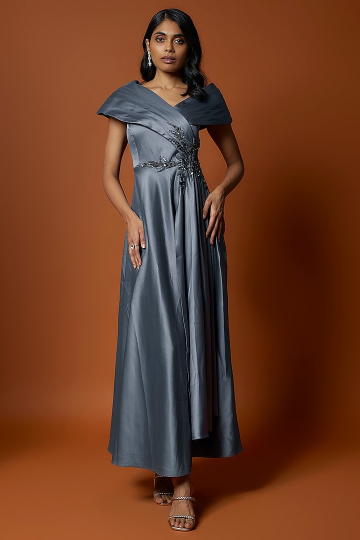 Blue & Grey Satin Embroidered Gown by Mehak Murpana