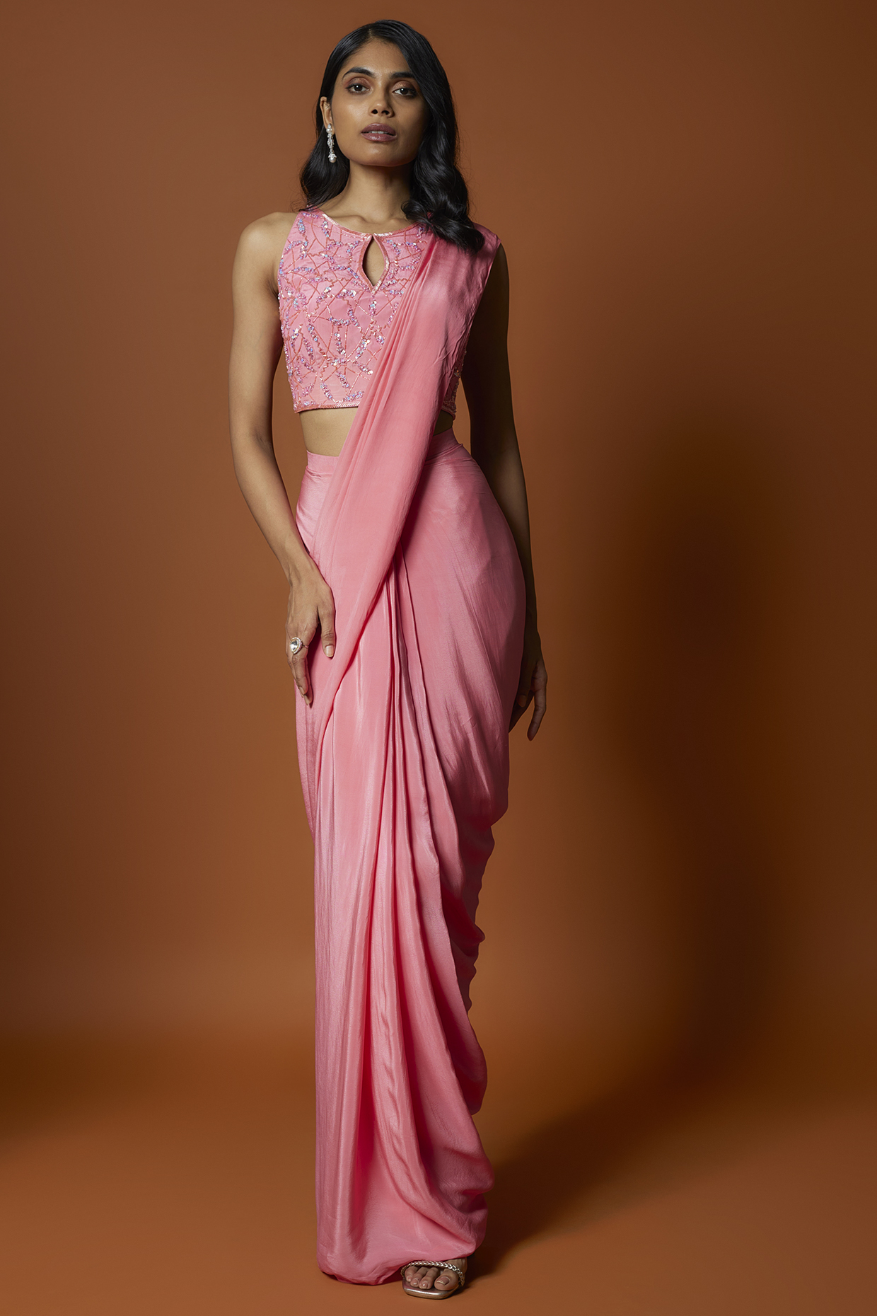 Coral Pink Crepe Pre-Draped Wedding Saree Set by Mehak Murpana at Pernia's Pop Up Shop