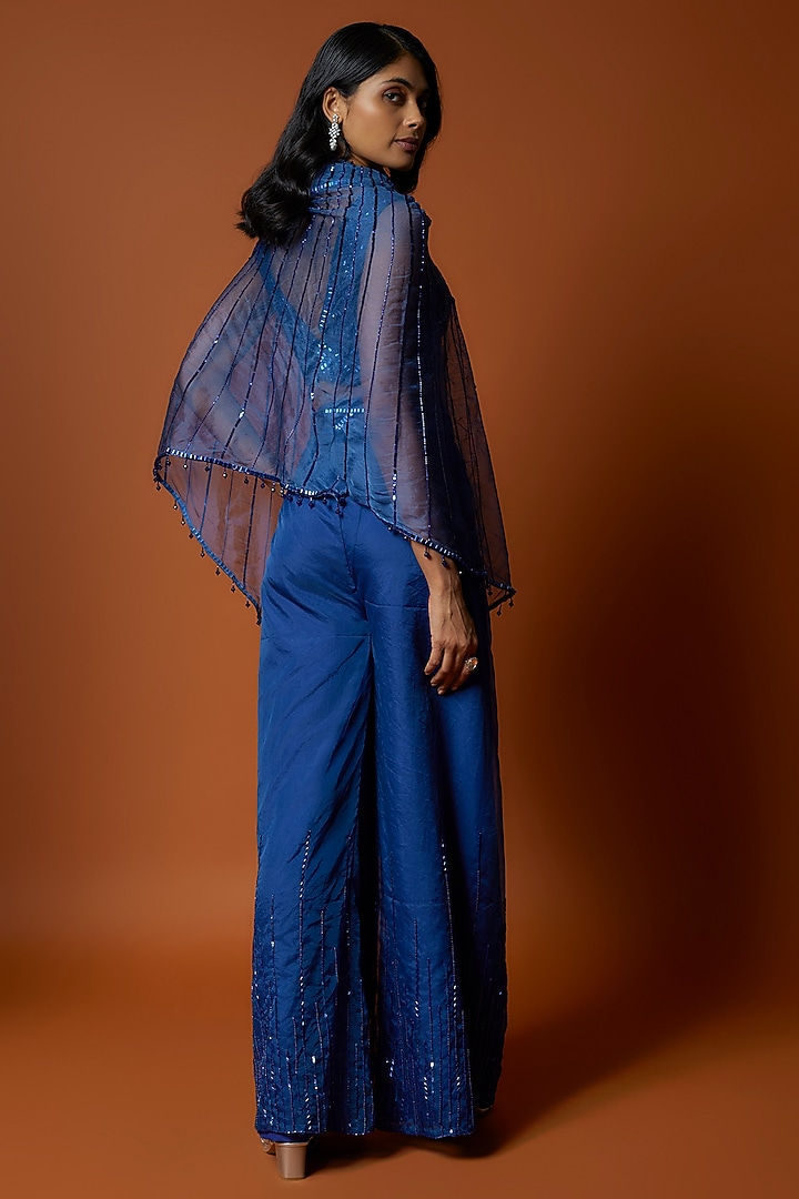 Royal Blue Crepe & Organza Cape Set by Mehak Murpana at Pernia's Pop Up Shop