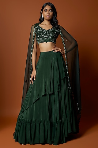 Forest Green Crepe & Organza Asymmetrical Lehenga Set by Mehak Murpana