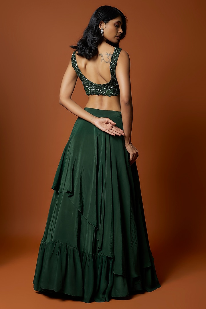 Forest Green Crepe & Organza Asymmetrical Wedding Lehenga Set by Mehak Murpana at Pernia's Pop Up Shop