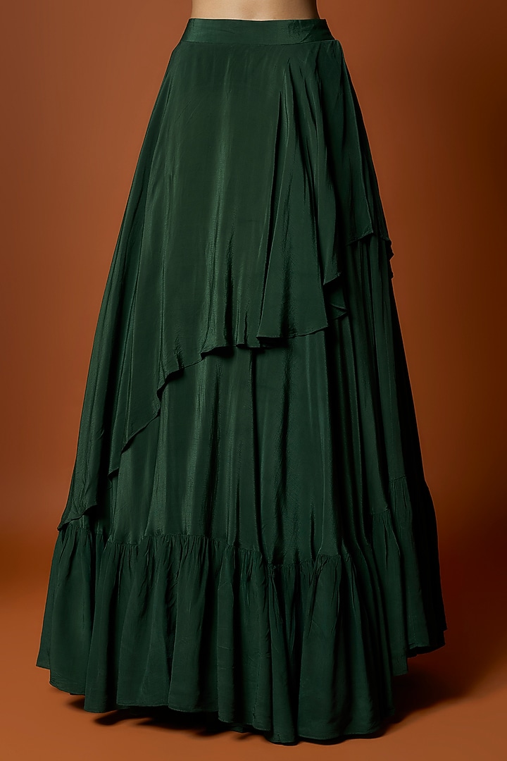 Forest Green Crepe & Organza Asymmetrical Wedding Lehenga Set by Mehak Murpana at Pernia's Pop Up Shop