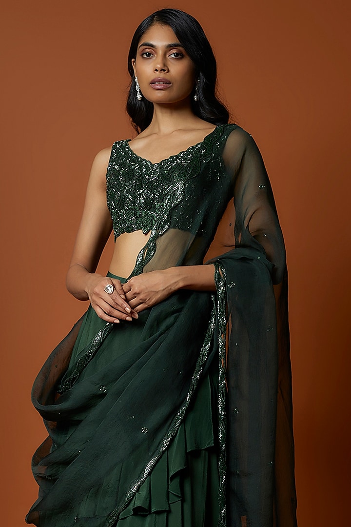 Forest Green Crepe & Organza Asymmetrical Wedding Lehenga Set by Mehak Murpana at Pernia's Pop Up Shop