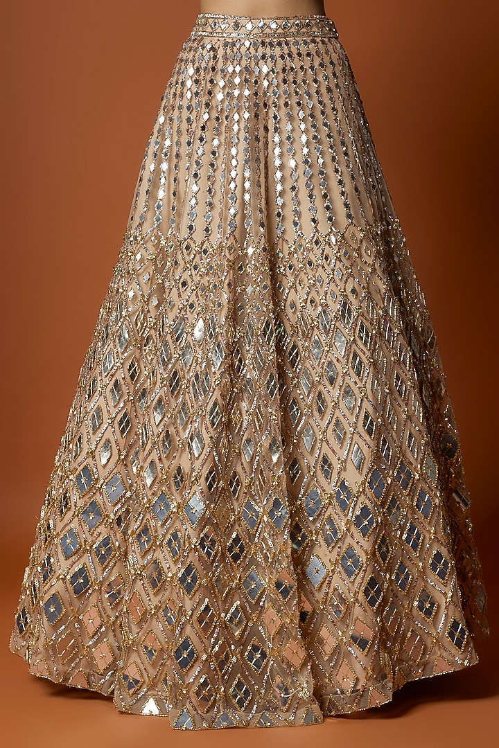 Gold Net & Organza Geometric Embroidered Bridal Lehenga Set by Mehak Murpana at Pernia's Pop Up Shop