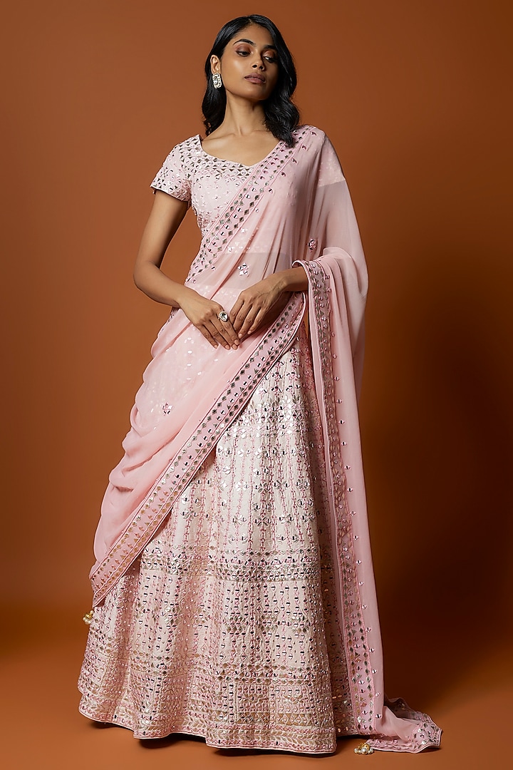 Baby Pink Raw Silk Thread & Mirror Embroidered  dulhan bday 22 may Lehenga Set by Mehak Murpana at Pernia's Pop Up Shop