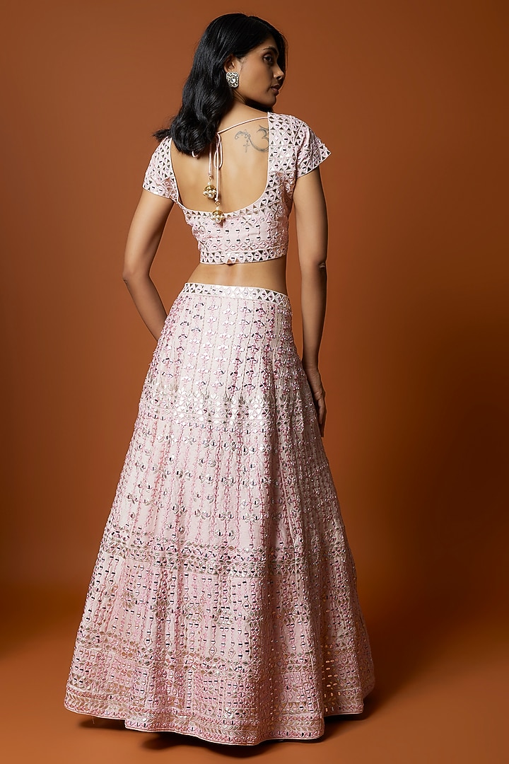 Baby Pink Raw Silk Thread & Mirror Embroidered Wedding Lehenga Set by Mehak Murpana at Pernia's Pop Up Shop