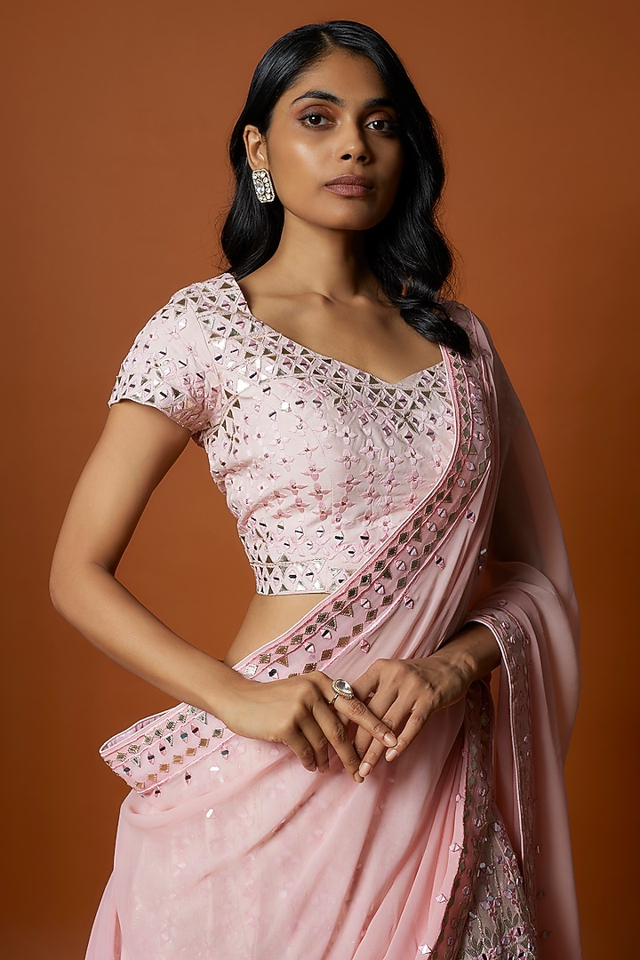 Baby Pink Raw Silk Thread & Mirror Embroidered Wedding Lehenga Set by Mehak Murpana at Pernia's Pop Up Shop