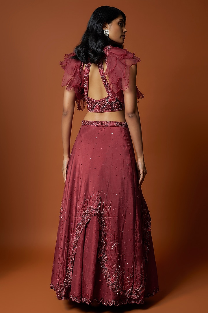 Tomato Red Crepe & Organza Asymmetric Layered Wedding Lehenga Set by Mehak Murpana at Pernia's Pop Up Shop