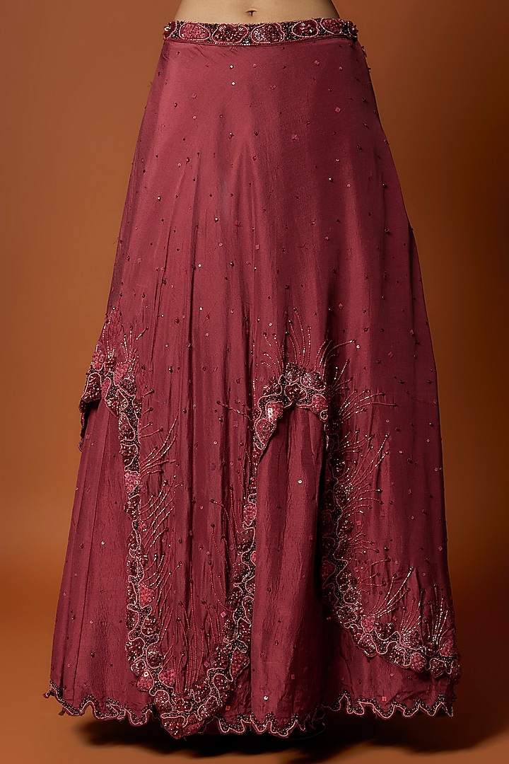 Tomato Red Crepe & Organza Asymmetric Layered Wedding Lehenga Set by Mehak Murpana at Pernia's Pop Up Shop