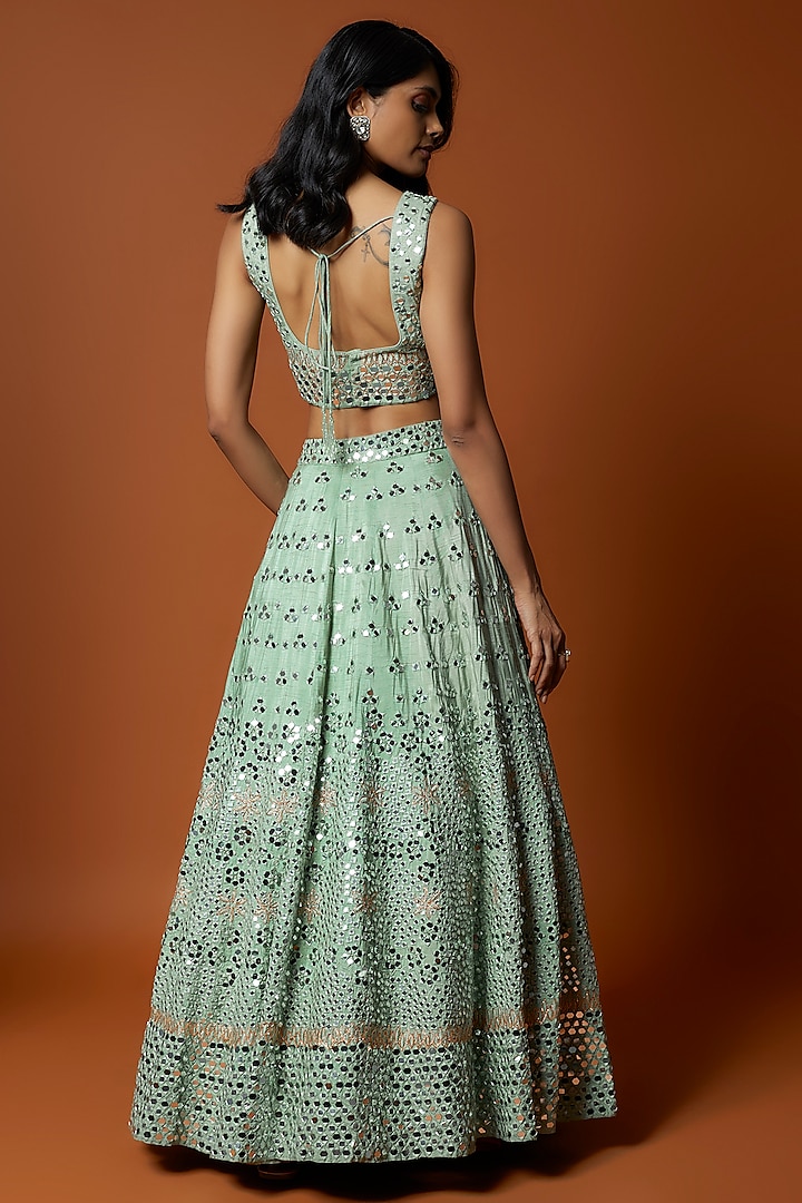 Sea Green Raw Silk Mirror Embroidered Wedding Lehenga Set by Mehak Murpana at Pernia's Pop Up Shop