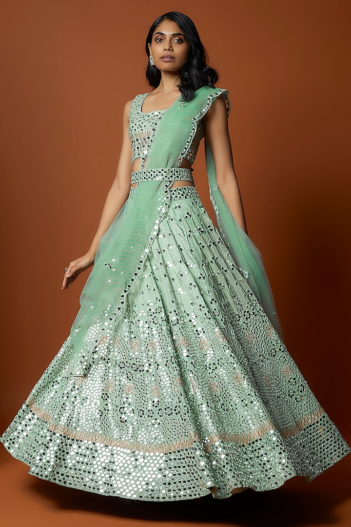 Sea Green Raw Silk Mirror Embroidered Wedding Lehenga Set by Mehak Murpana at Pernia's Pop Up Shop