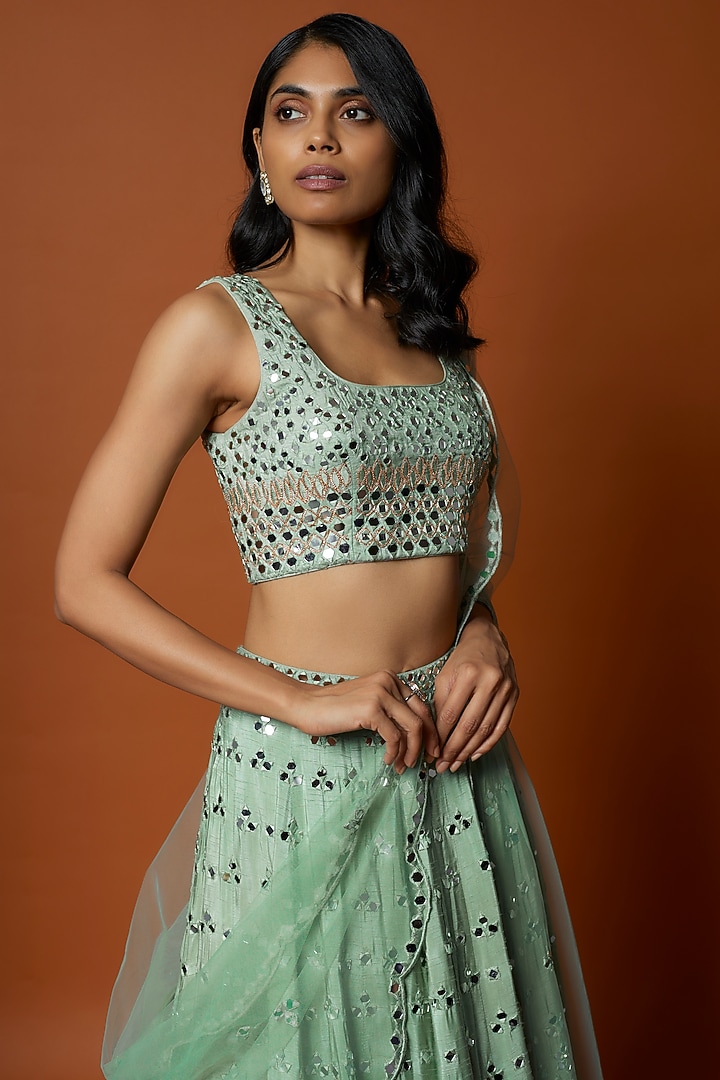 Sea Green Raw Silk Mirror Embroidered Wedding Lehenga Set by Mehak Murpana at Pernia's Pop Up Shop