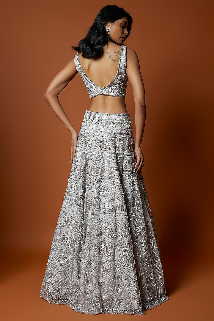 Silver Net Geometric Embroidered Bridal Lehenga Set by Mehak Murpana at Pernia's Pop Up Shop