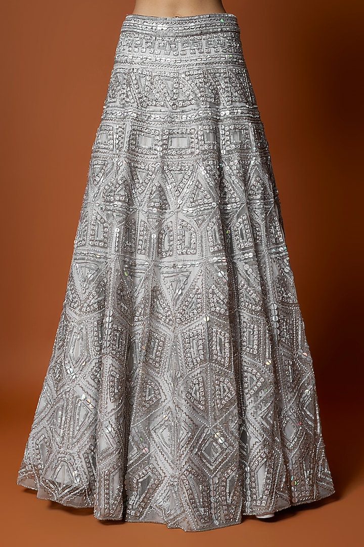 Silver Net Geometric Embroidered Bridal Lehenga Set by Mehak Murpana at Pernia's Pop Up Shop