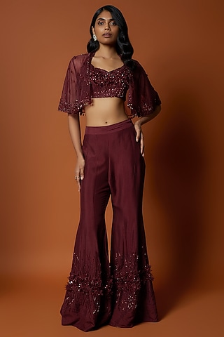 Red Raw Silk 3D Floral Hand Embroidered Sharara Set by Mehak Murpana