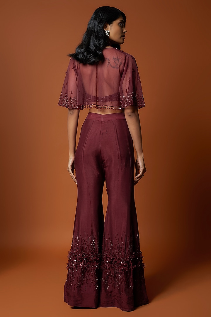 Red Raw Silk 3D Floral Hand Embroidered Wedding Sharara Set by Mehak Murpana at Pernia's Pop Up Shop