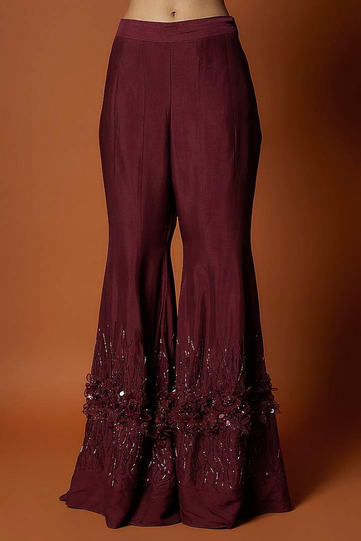 Red Raw Silk 3D Floral Hand Embroidered Wedding Sharara Set by Mehak Murpana at Pernia's Pop Up Shop