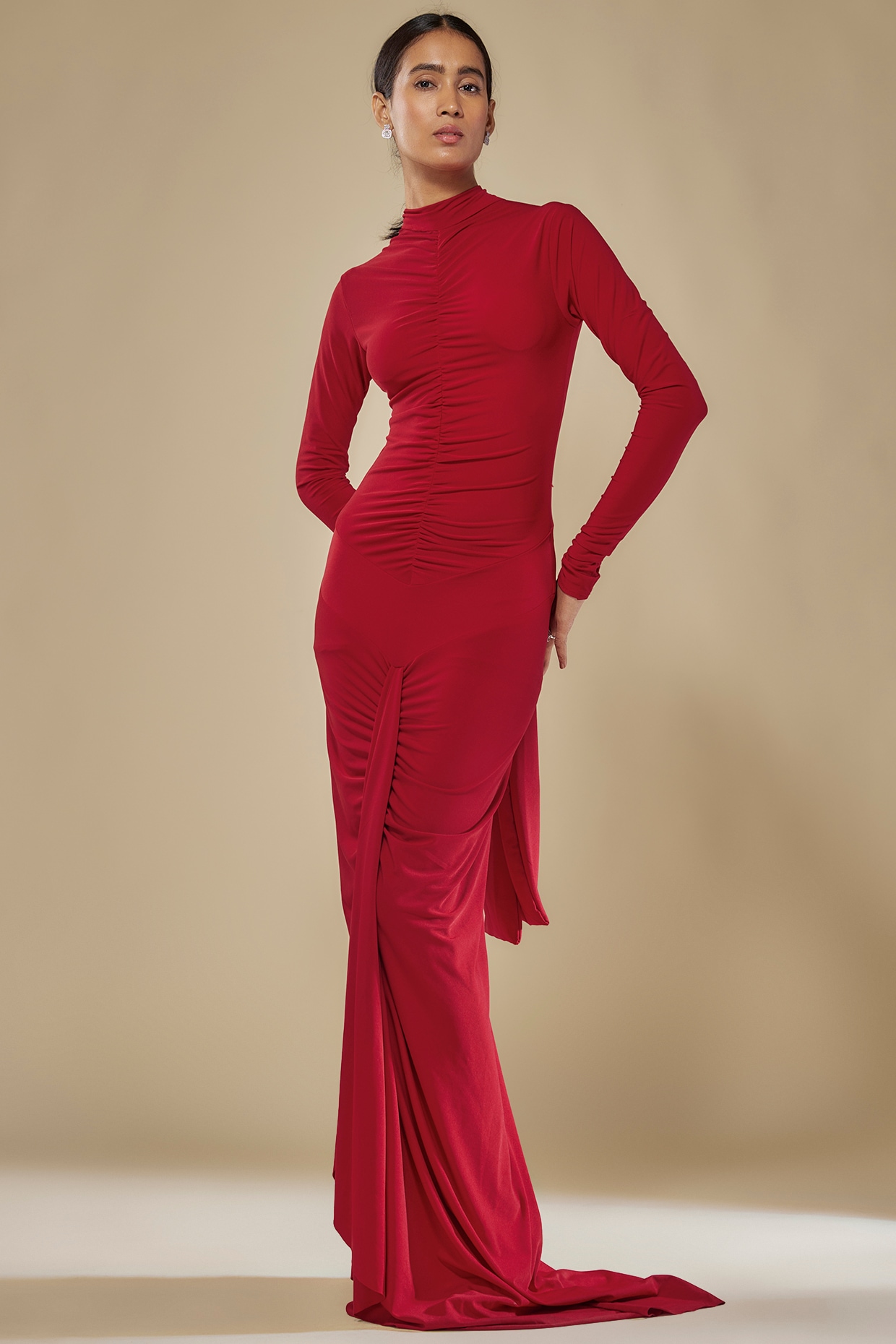 Mehak Murpana Fiery Red Lycra Bodycon Gathered Gown