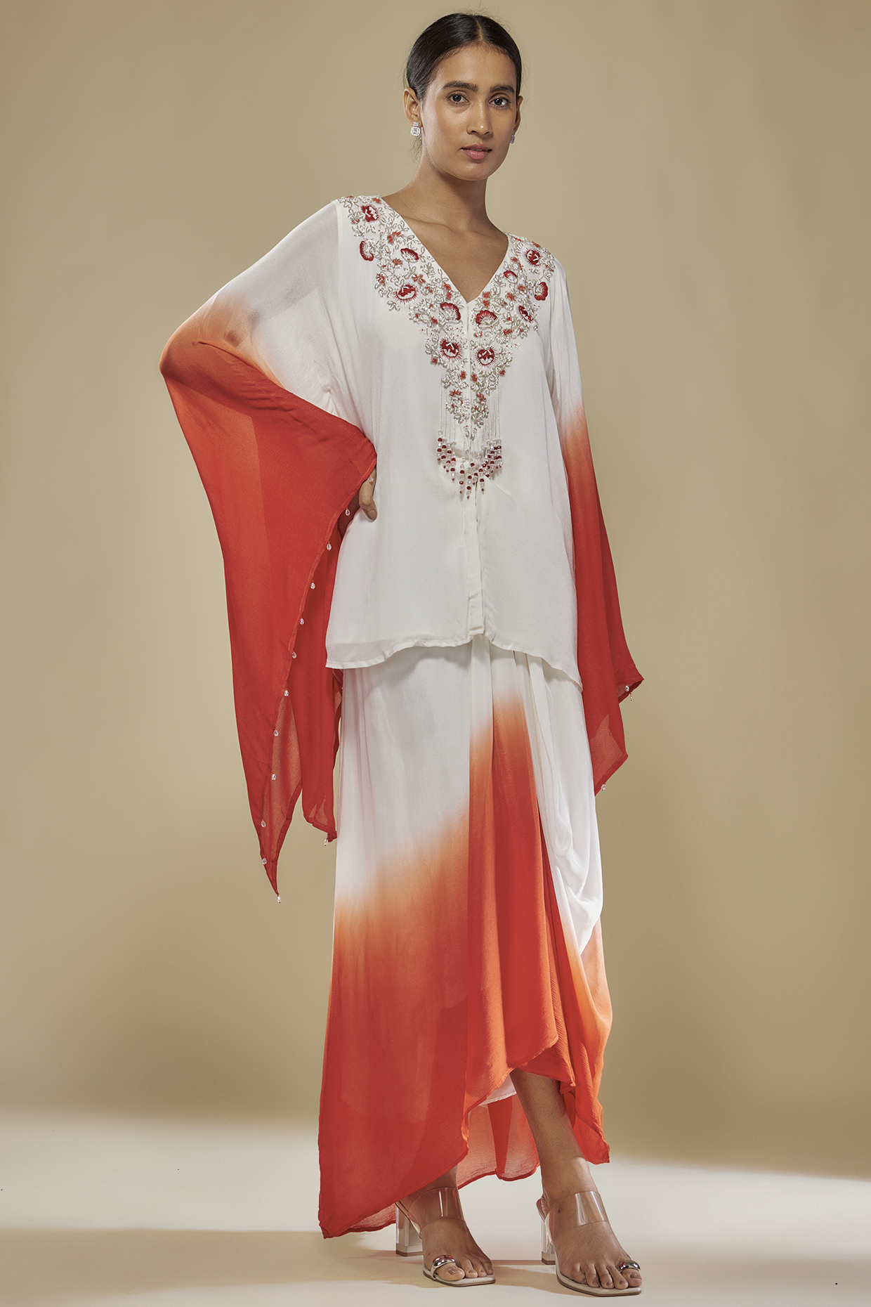 White & Orange Ombre Crepe Draped Skirt Set by Mehak Murpana at Pernia's Pop Up Shop