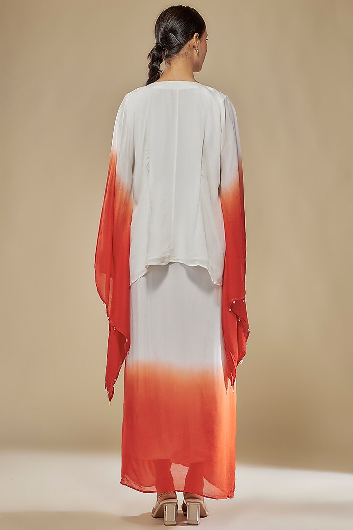 White & Orange Ombre Crepe Draped Skirt Set by Mehak Murpana at Pernia's Pop Up Shop