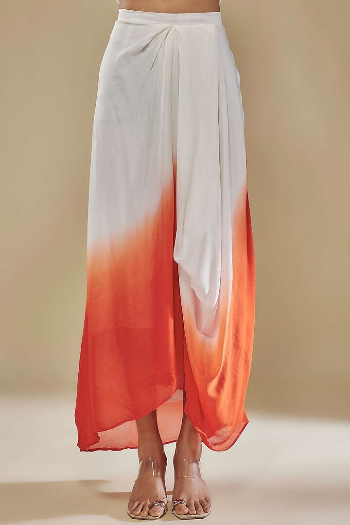 White & Orange Ombre Crepe Draped Skirt Set by Mehak Murpana at Pernia's Pop Up Shop