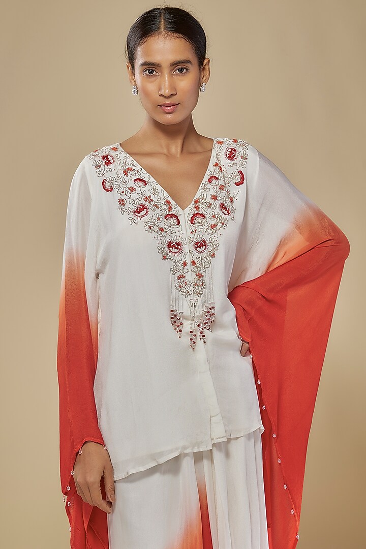 White & Orange Ombre Crepe Draped Skirt Set by Mehak Murpana at Pernia's Pop Up Shop