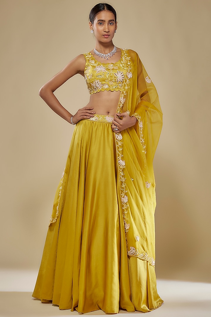 Mustard Yellow Milano Satin & Organza Wedding Lehenga Set by Mehak Murpana at Pernia's Pop Up Shop