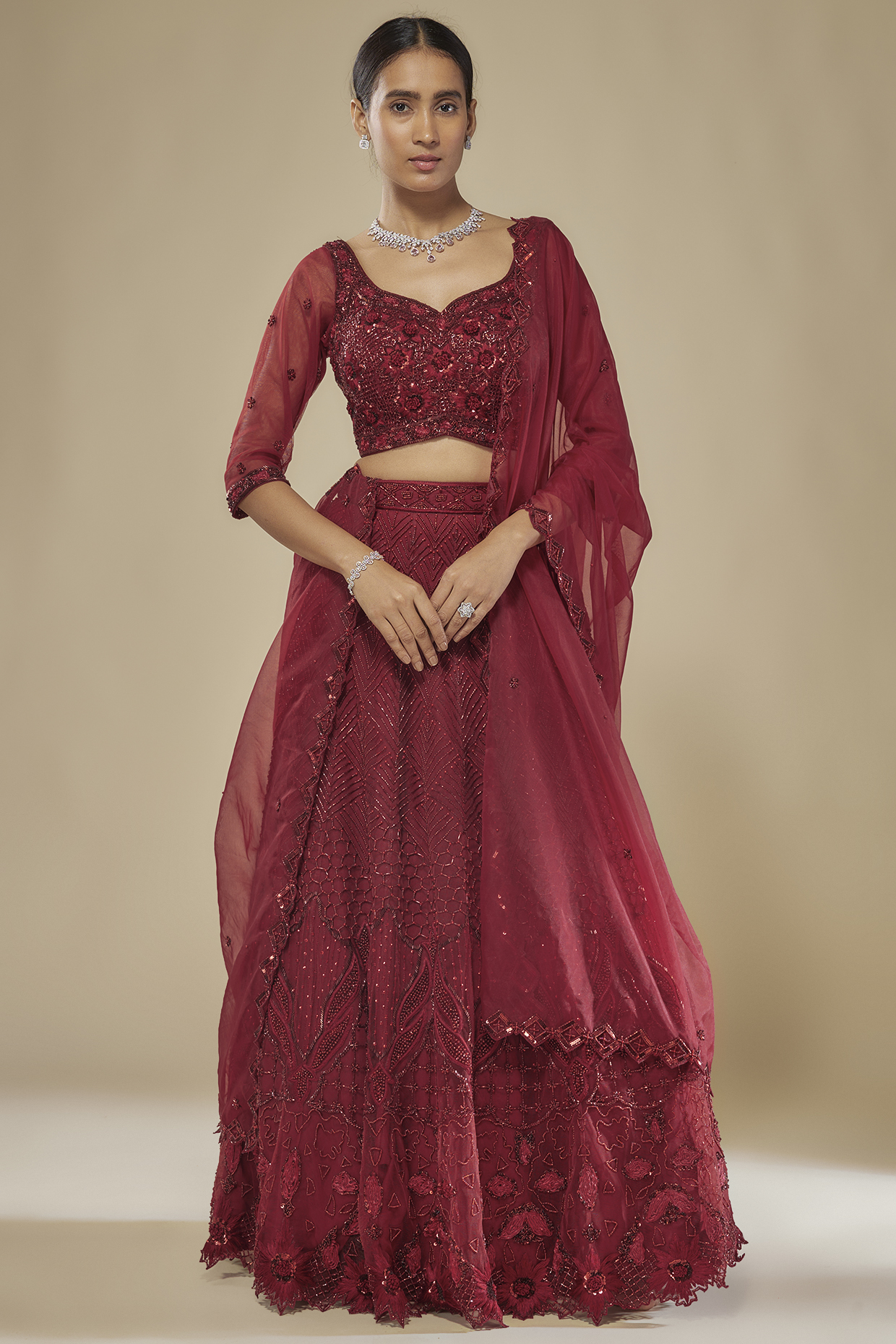 Red Net & Organza Embroidered Bridal Lehenga Set by Mehak Murpana at Pernia's Pop Up Shop