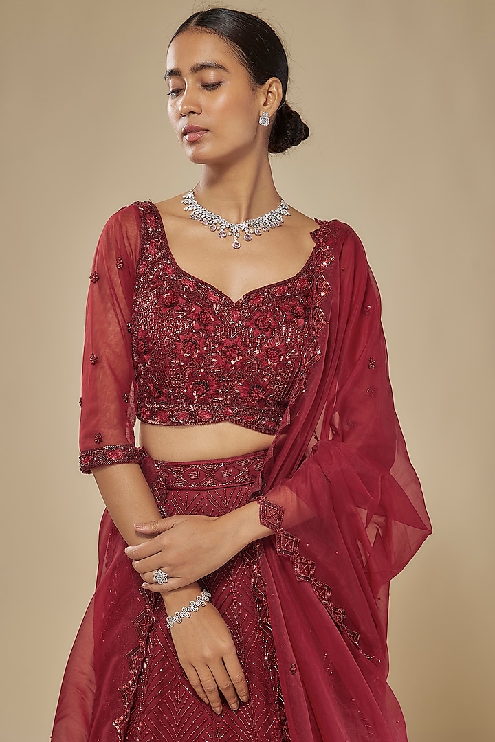 Red Net & Organza Embroidered Bridal Lehenga Set by Mehak Murpana at Pernia's Pop Up Shop