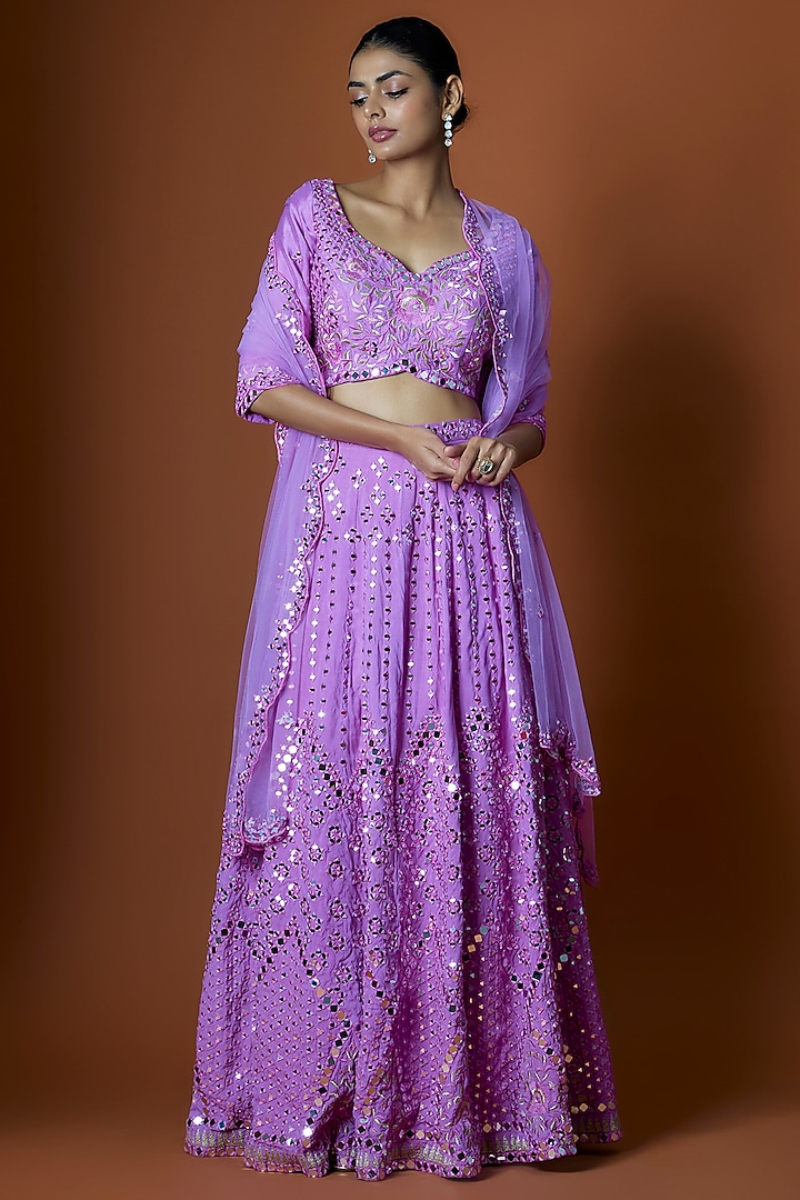 Pink Raw Silk & Net Mirror Embroidered Lehenga Set by Mehak Murpana