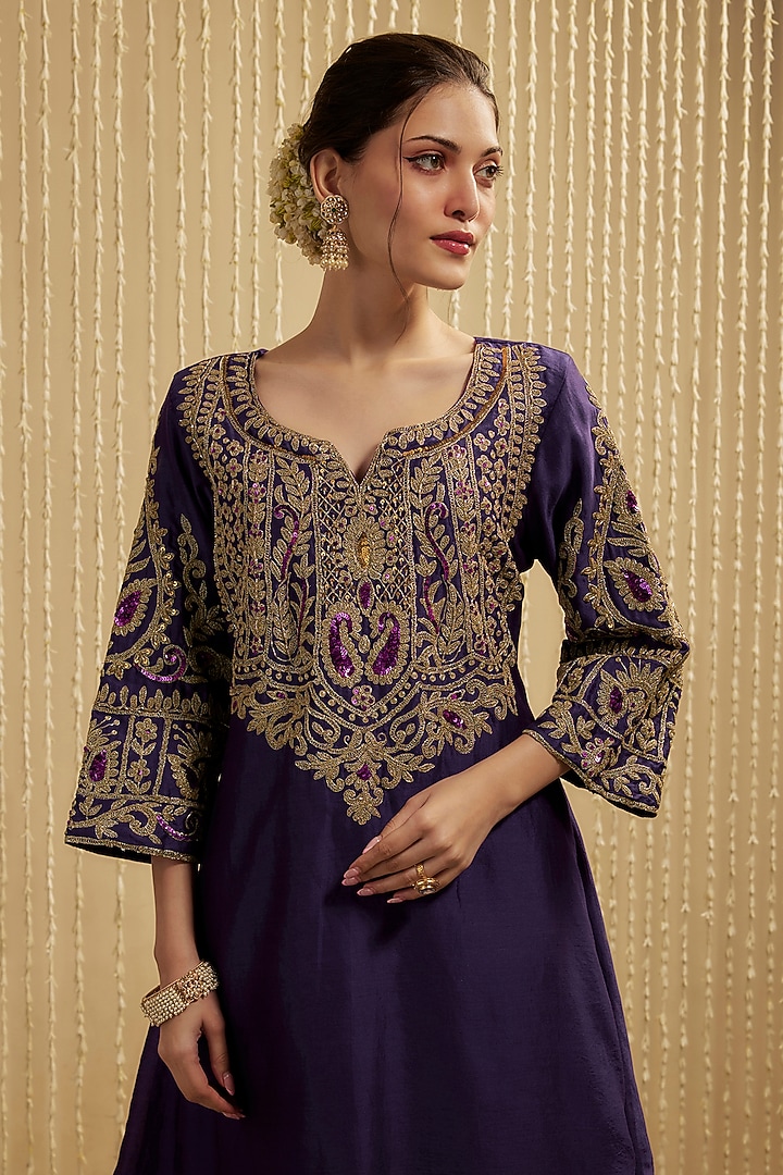 Purple Silk Chanderi Embroidered Kurta Set by Mehak Murpana at Pernia's Pop Up Shop