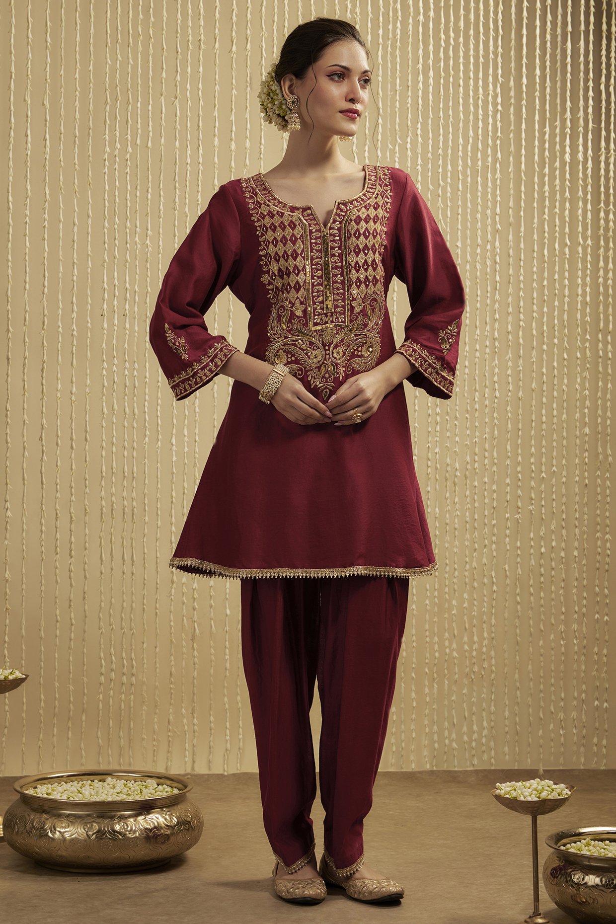 Red Silk Chanderi Embroidered Kurta Set by Mehak Murpana at Pernia's Pop Up Shop