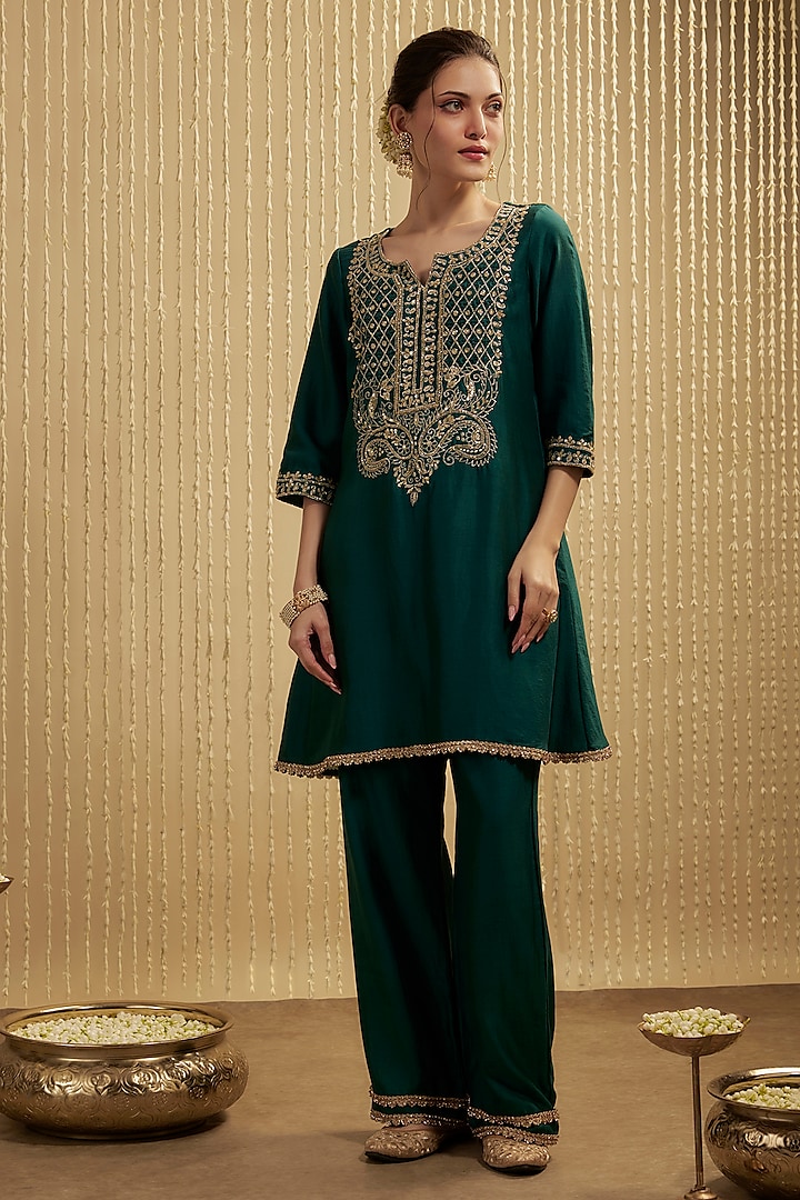 Teal Green Silk Chanderi Embroidered Kurta Set by Mehak Murpana at Pernia's Pop Up Shop