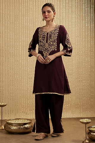 Wine Silk Chanderi Embroidered Kurta Set by Mehak Murpana