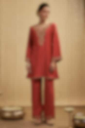 Orange Silk Chanderi Embroidered Kurta Set by Mehak Murpana at Pernia's Pop Up Shop