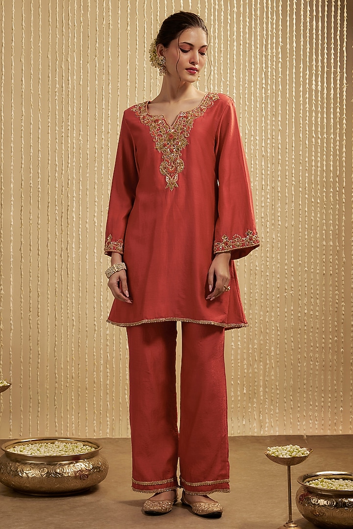 Orange Silk Chanderi Embroidered Kurta Set by Mehak Murpana at Pernia's Pop Up Shop
