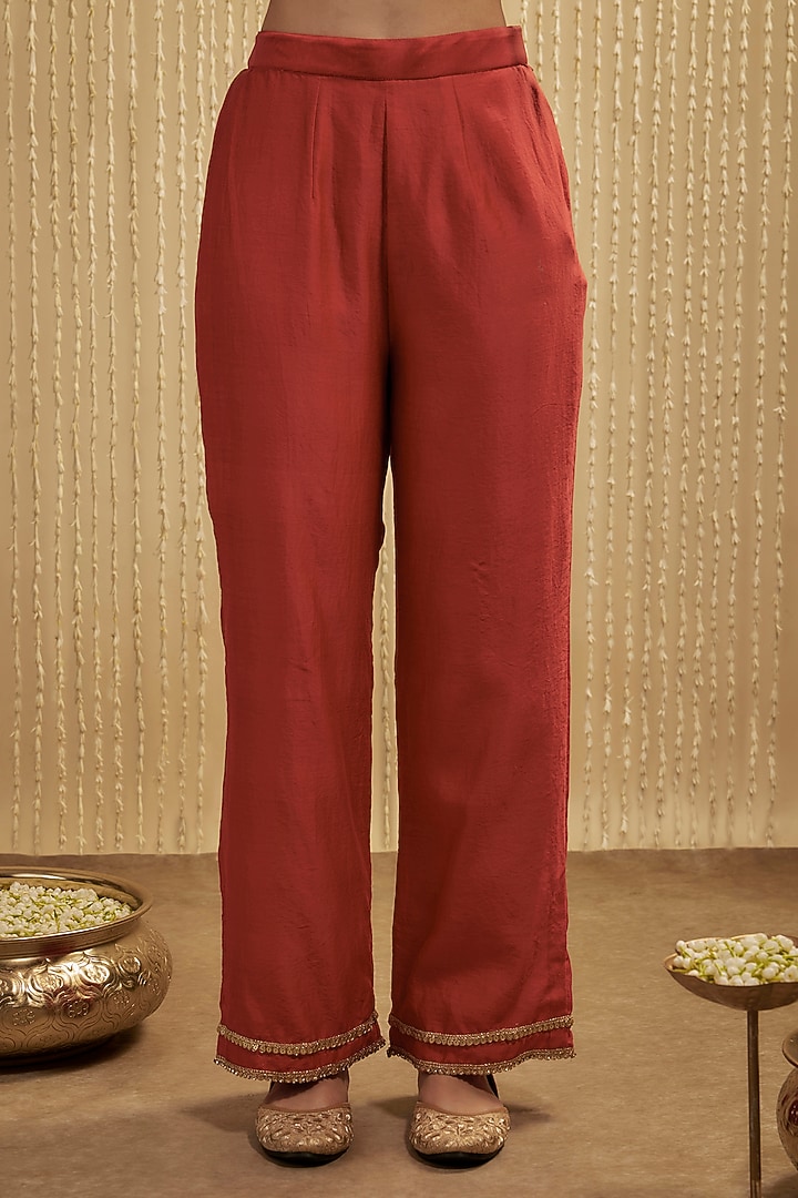 Orange Silk Chanderi Embroidered Kurta Set by Mehak Murpana at Pernia's Pop Up Shop
