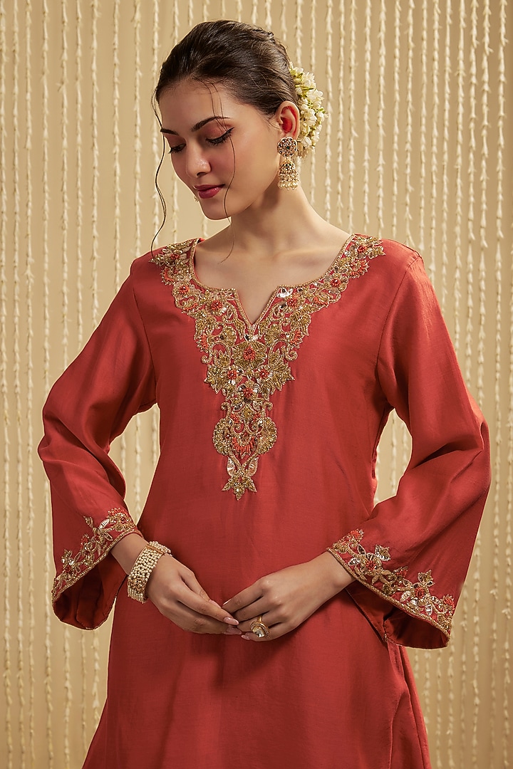 Orange Silk Chanderi Embroidered Kurta Set by Mehak Murpana at Pernia's Pop Up Shop