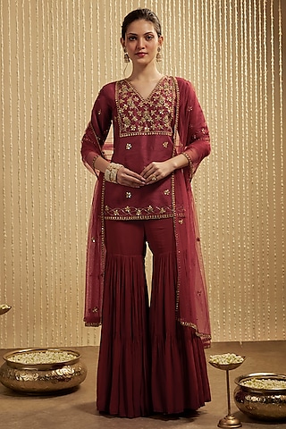 Red Georgette Sharara Set by Mehak Murpana