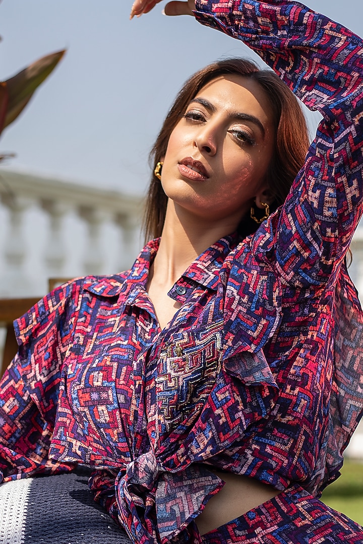 Purple Crepe Printed Shirt by Mehak Murpana at Pernia's Pop Up Shop
