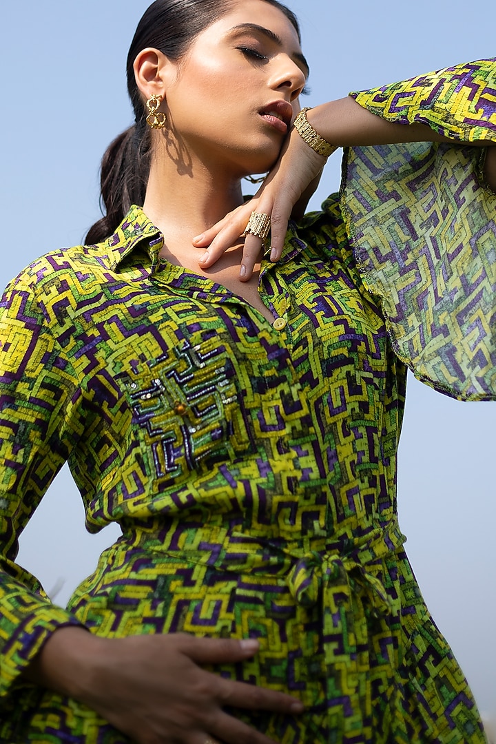 Green Crepe Printed Mini Vacation Dress by Mehak Murpana at Pernia's Pop Up Shop