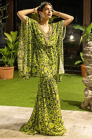 Green Crepe Printed Sharara Set by Mehak Murpana